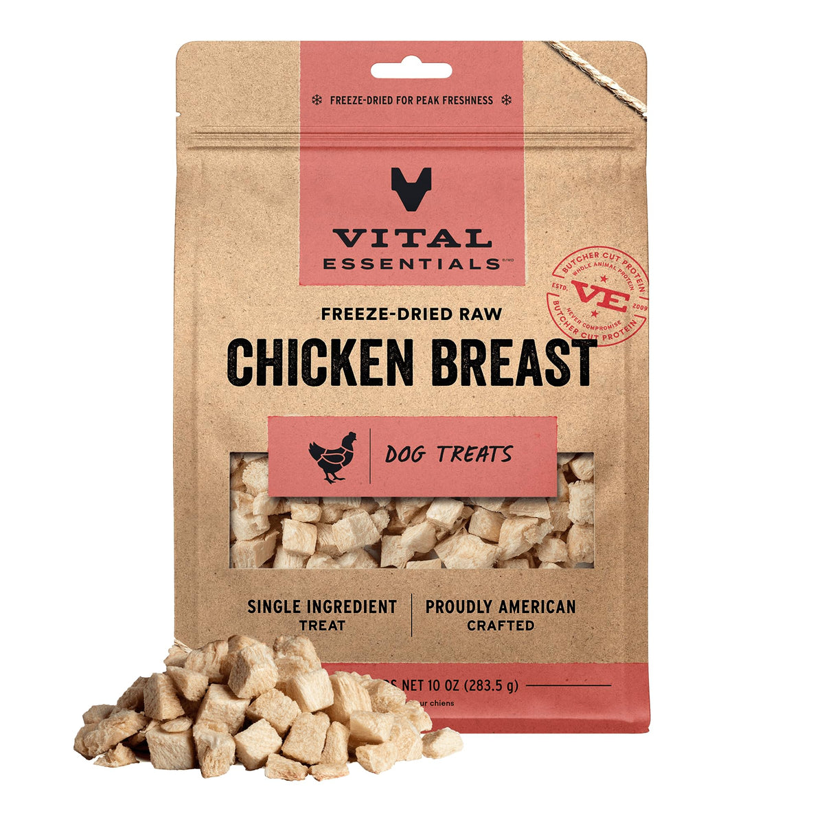 Vital Essentials Poitrine poulet lyophilisée, petits morceaux idéaux pour récompenses lors de l’entraînement.