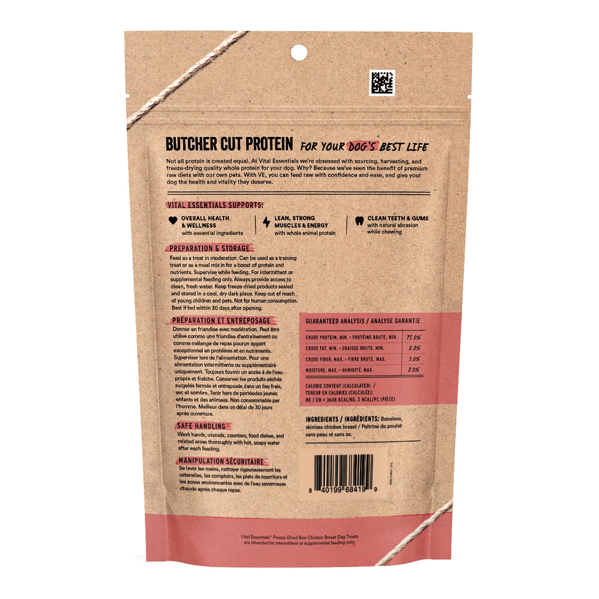 Vital Essentials friandise poulet séché, morceaux simples pour booster l’énergie lors des jeux.