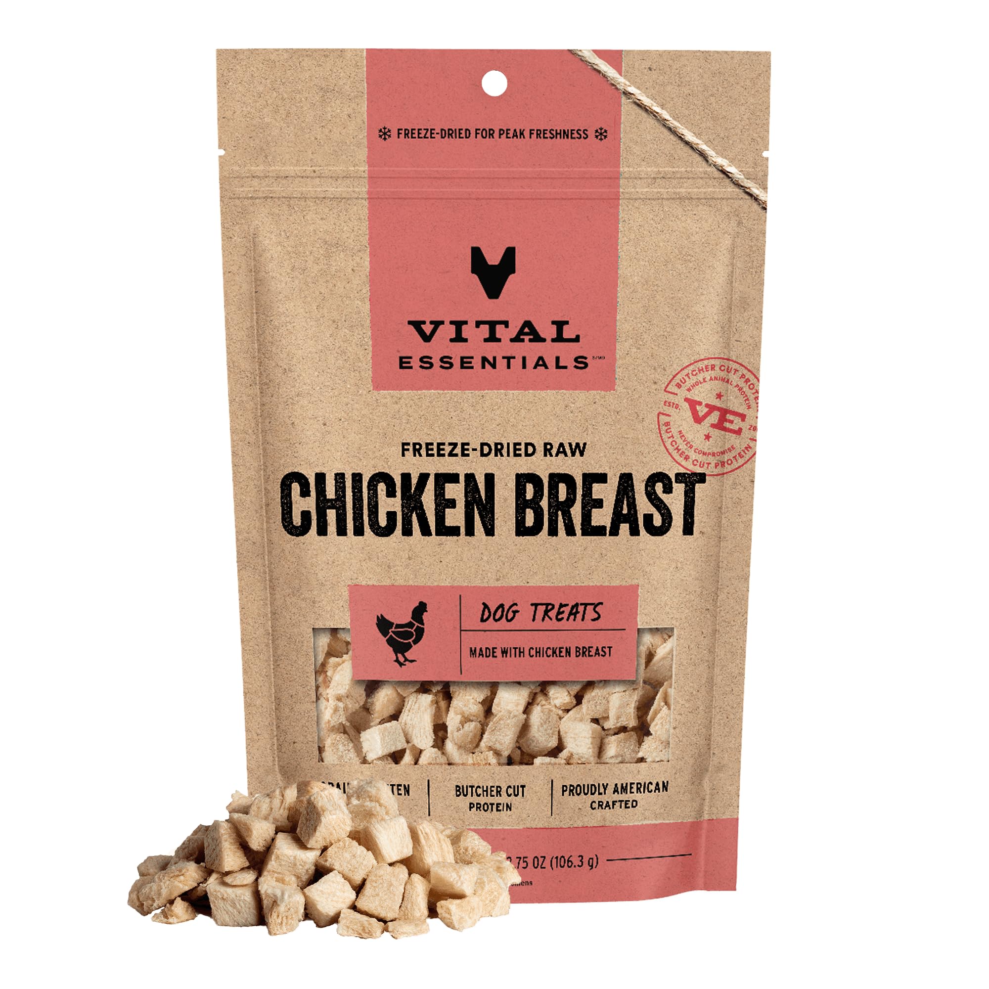 Vital Essentials friandise poulet séché, tranches faciles à prendre lors de l’entraînement canin.