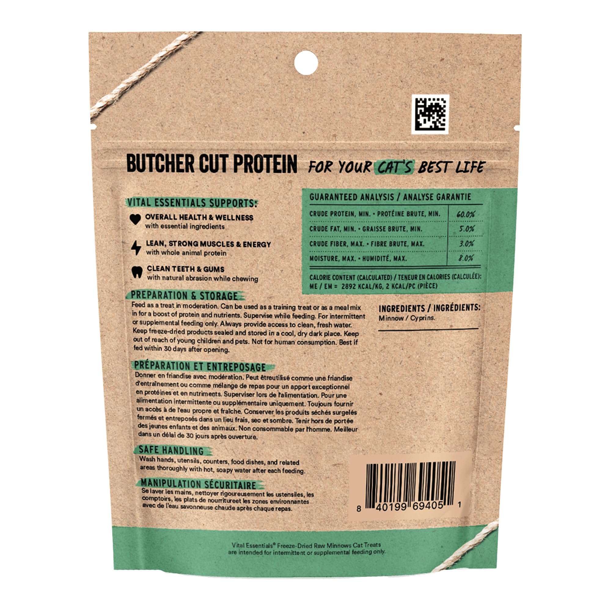 Vital Essentials protéines naturelles: minnow séché pour soutenir l'énergie de votre chat.