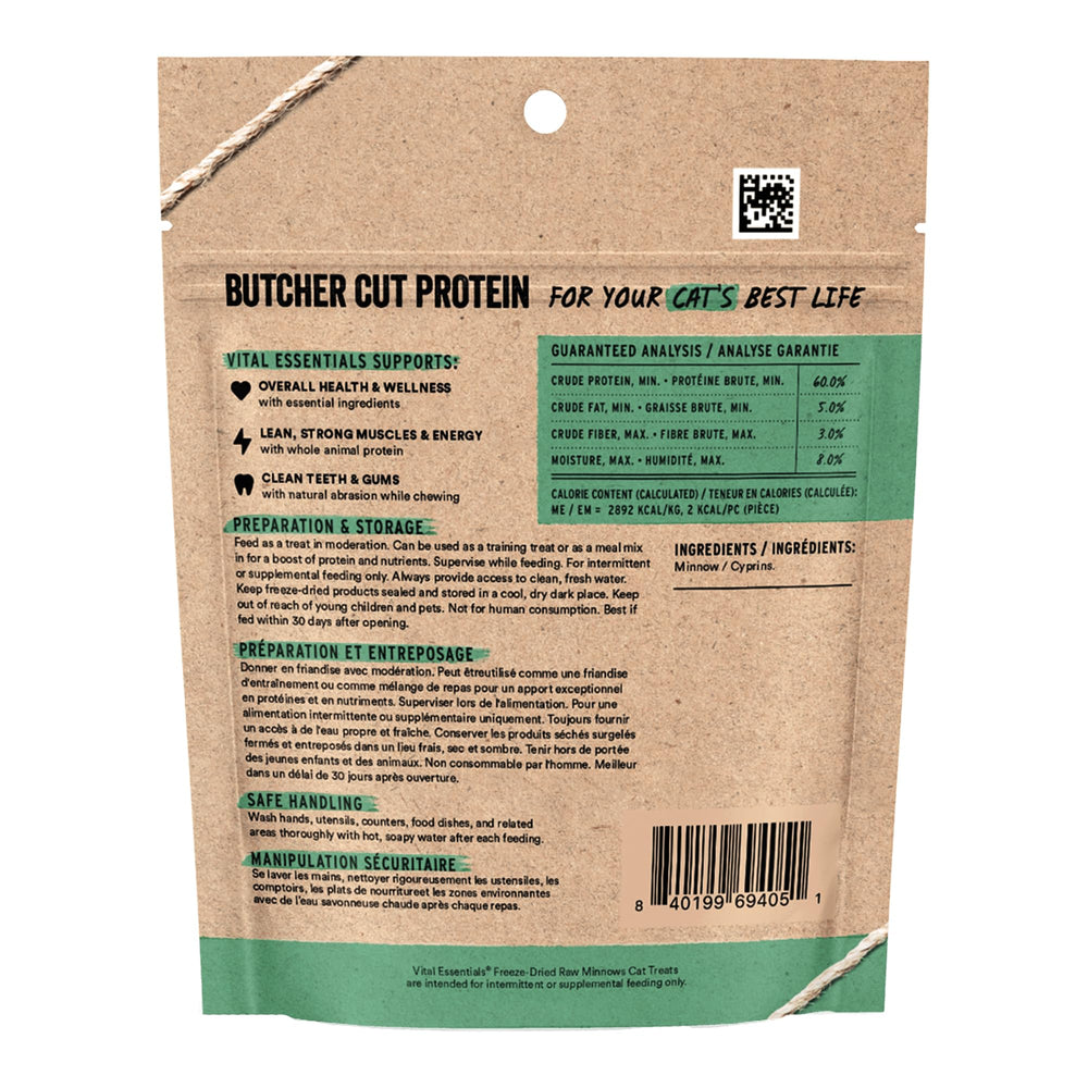 Vital Essentials protéines naturelles: minnow séché pour soutenir l'énergie de votre chat.