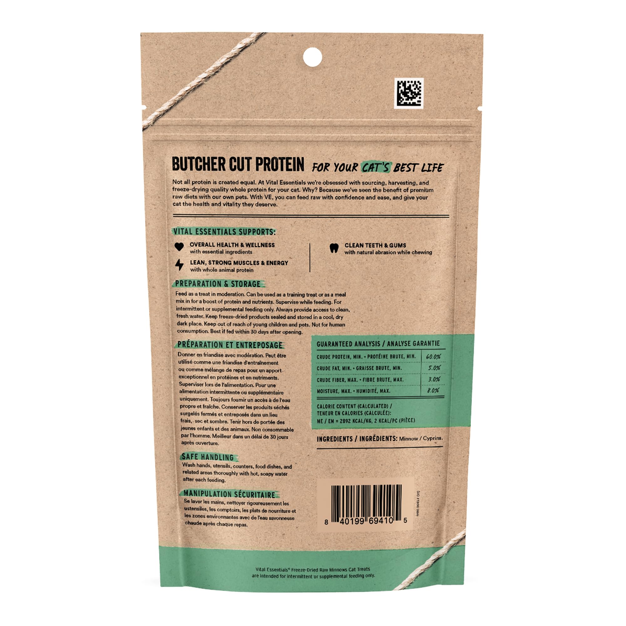 Vital Essentials vairons dans le sachet ouvert, facilité d’utilisation pour récompenses
