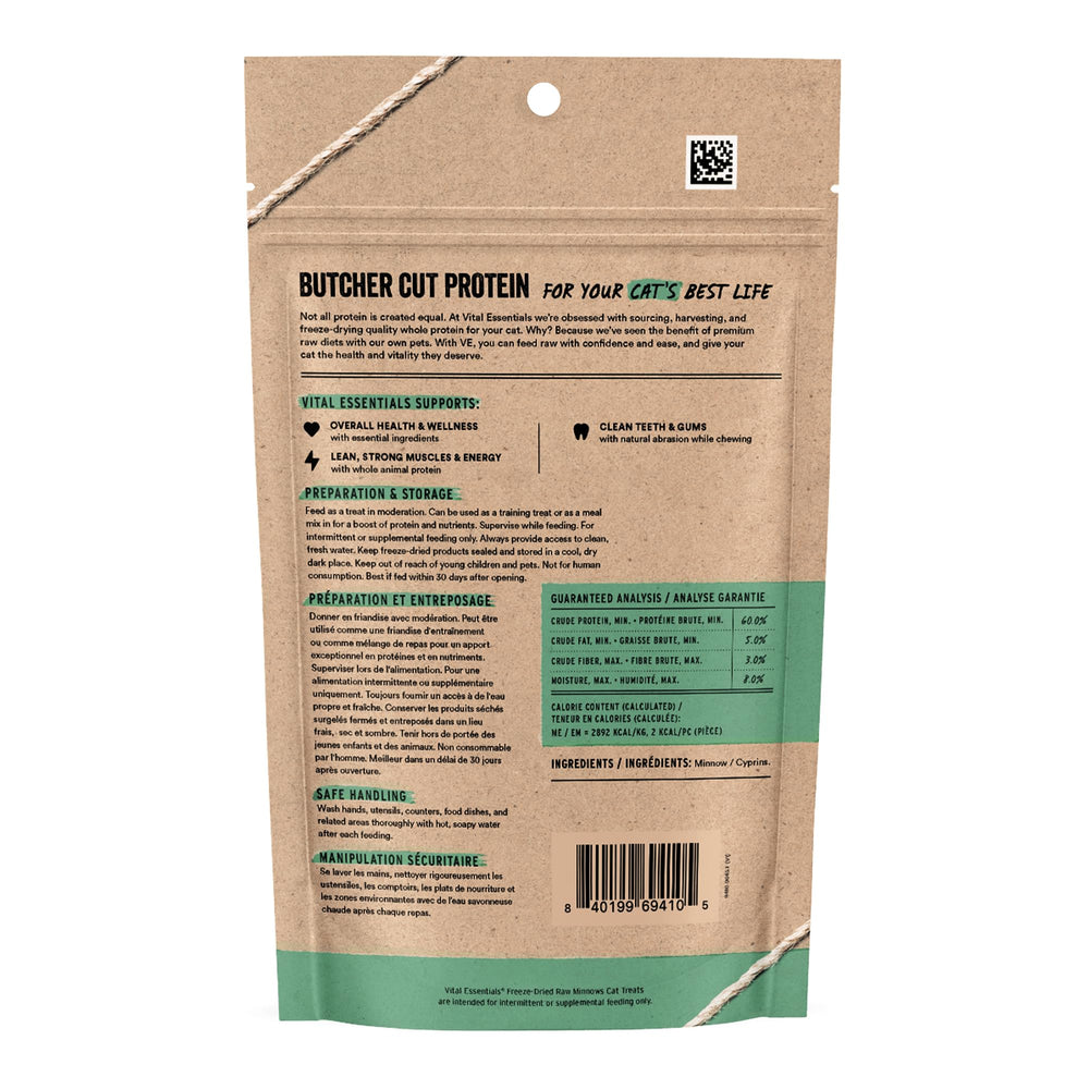 Vital Essentials vairons dans le sachet ouvert, facilité d’utilisation pour récompenses
