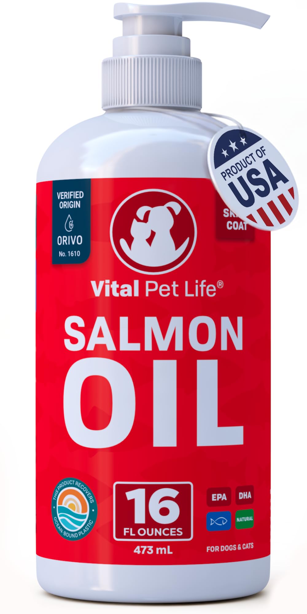 Vital Pet Life – flacon d'huile de saumon pour chiens et chats, favorise le pelage sain.