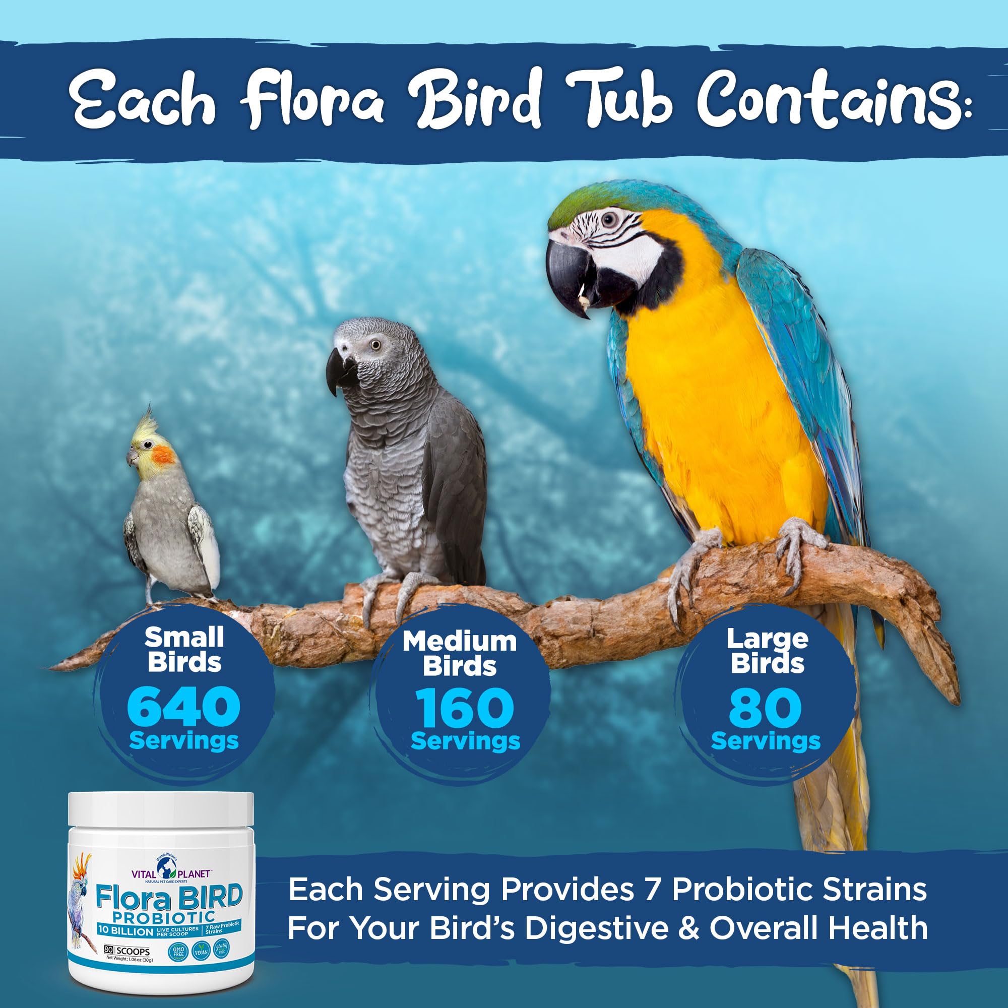 Vital Planet Flora Bird, mélange diversifie, santé digestive potentielle.