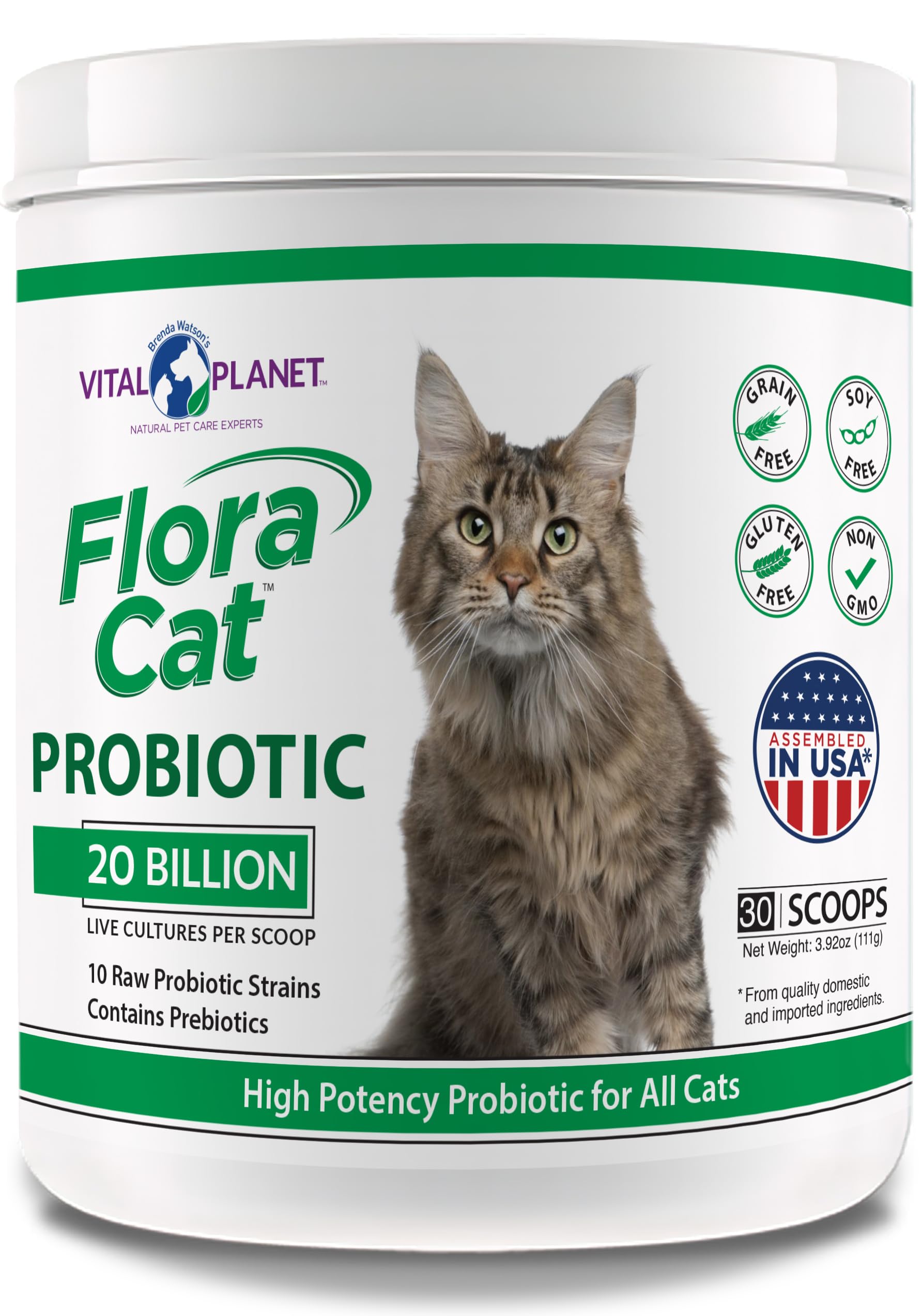 Vital Planet Flora Cat, bocal-probiotique : soutien digestif potentiel pour les chats.