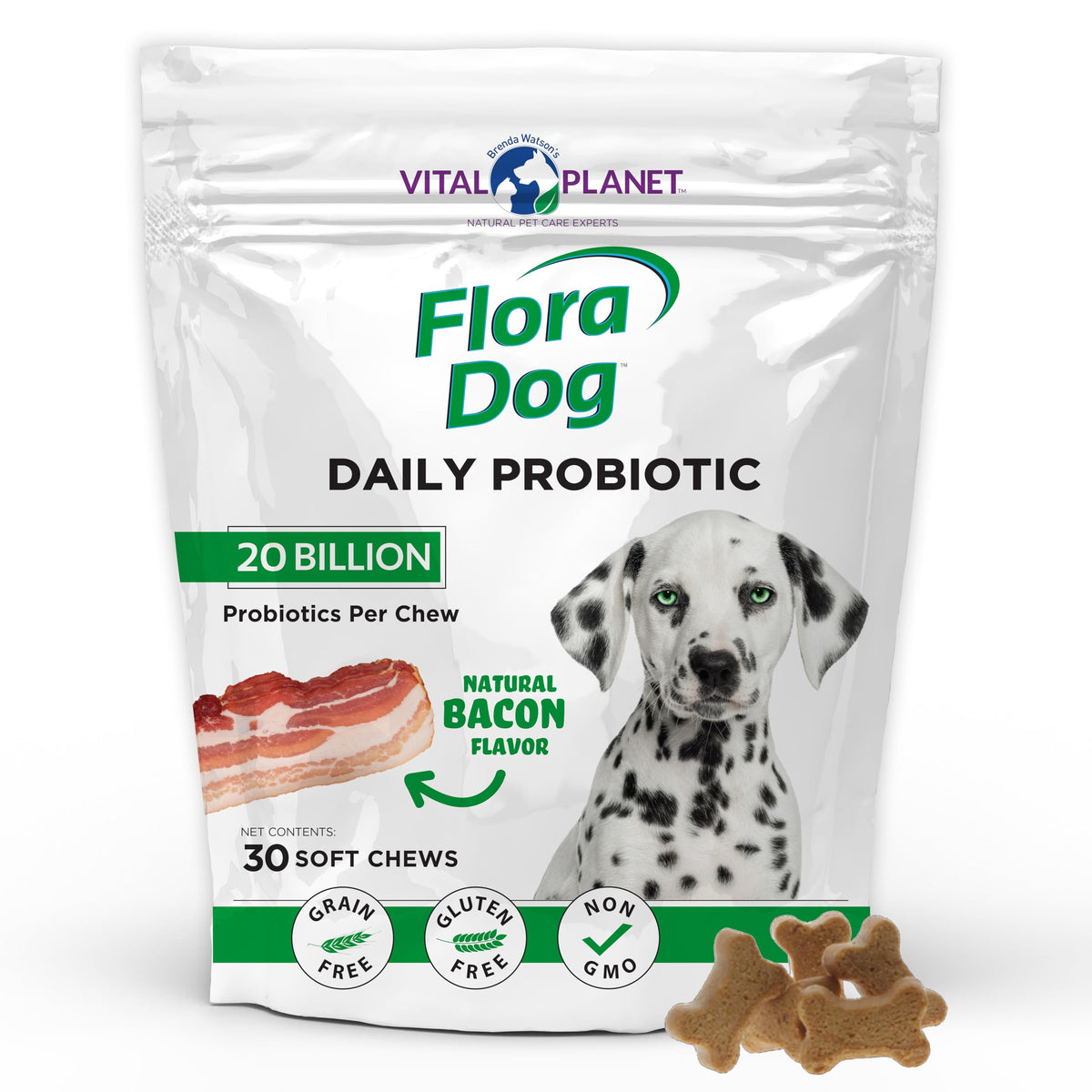 Vital Planet Flora Dog Probiotics : bouchées saveur bacon naturel pour soutien digestif