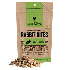 Vital Essentials bouchées lapin séché : friandise protéinée idéale pour l'entraînement.