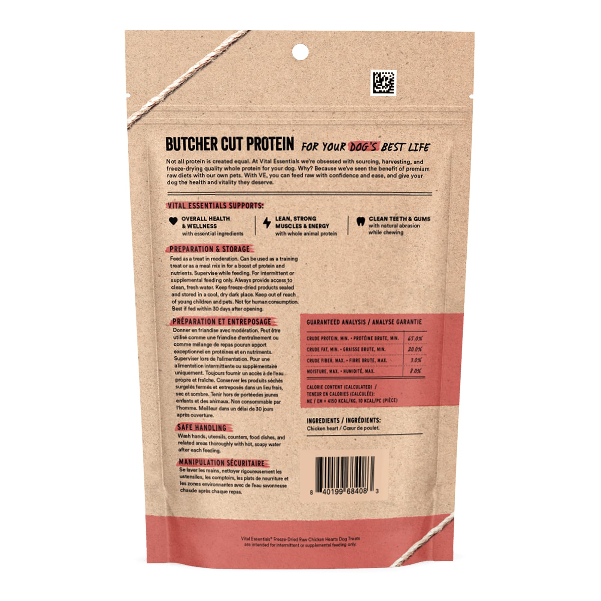 Vital Essentials – friandises sans céréales, coeurs de poulet, soutien potentiel pour la digestion.