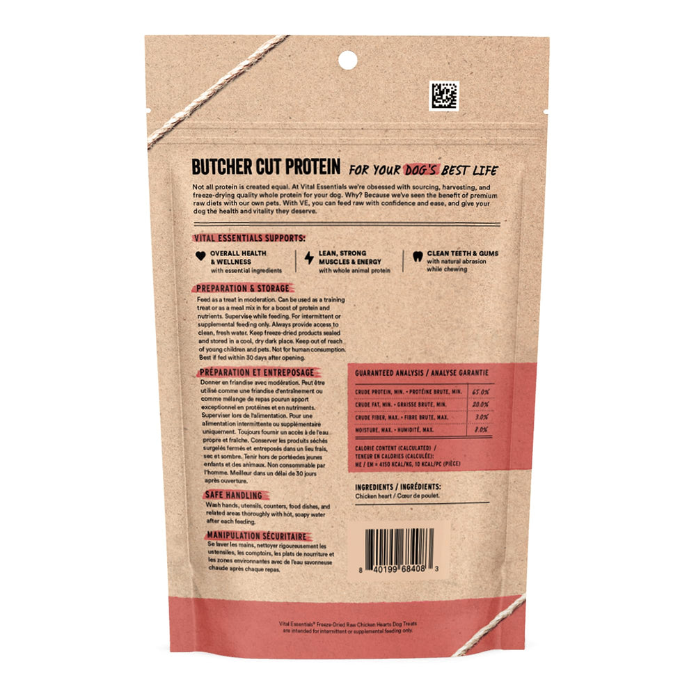 Vital Essentials – friandises sans céréales, coeurs de poulet, soutien potentiel pour la digestion.