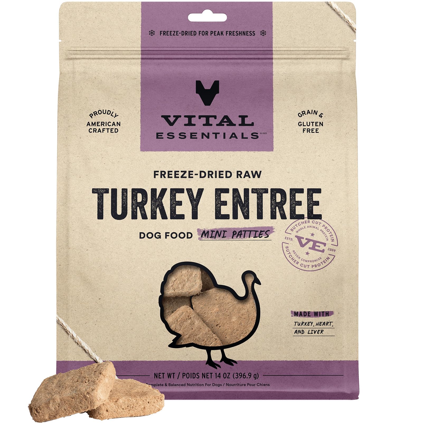 Vital Essentials mini galettes dinde lyophilisées, repas pratique et protéiné.