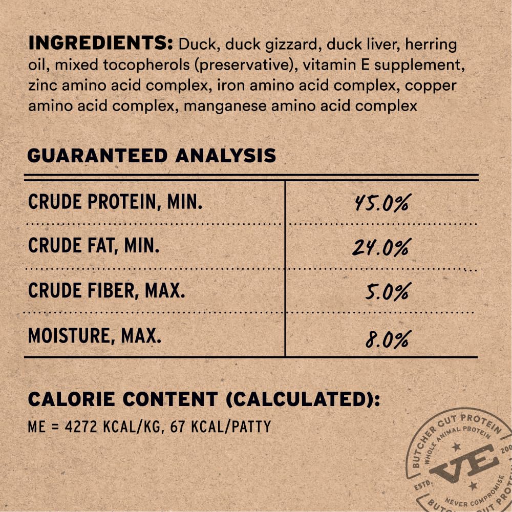 Vital Essentials morceaux canard cru mini, texture dense et appétente.