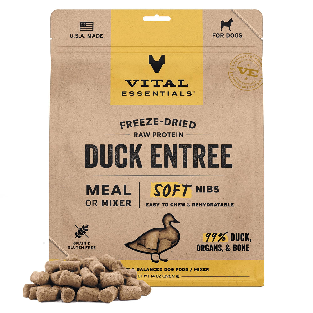 Vital Essentials, bouchées mous au canard cru pour l'énergie du chien.