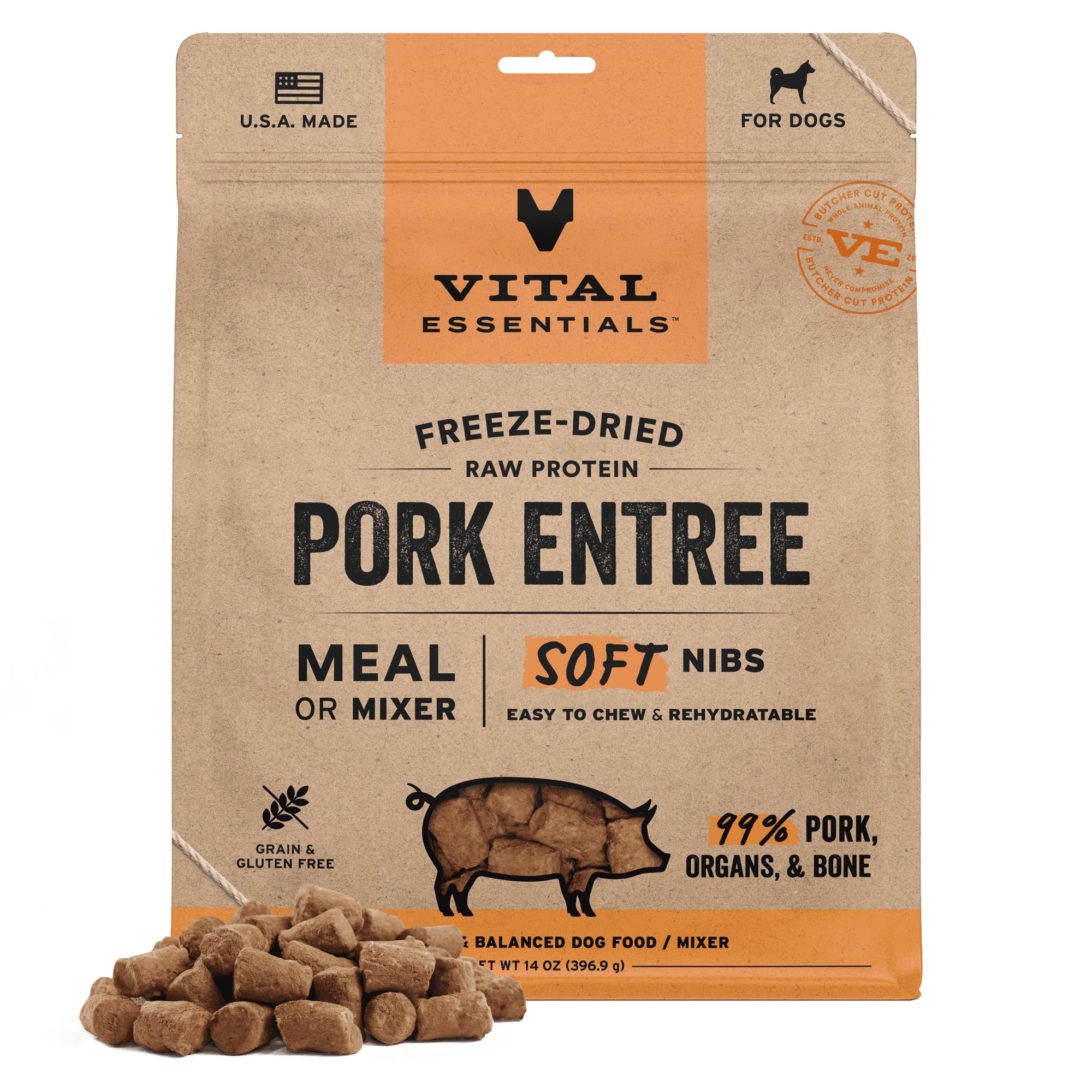 Vital Essentials Soft Nibs porc cru : bouchées tendres et protéinées.