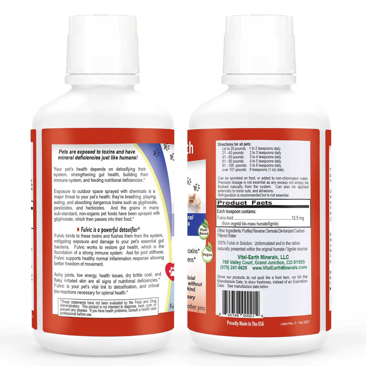 Vital Earth Minerals Pet Fulvic – dosage par poids facilité pour chiens et chats.