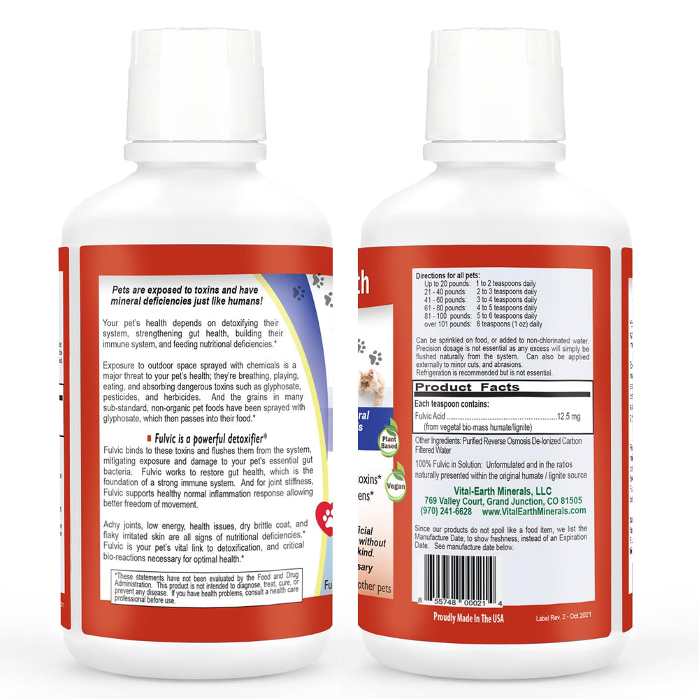 Vital Earth Minerals Pet Fulvic – dosage par poids facilité pour chiens et chats.