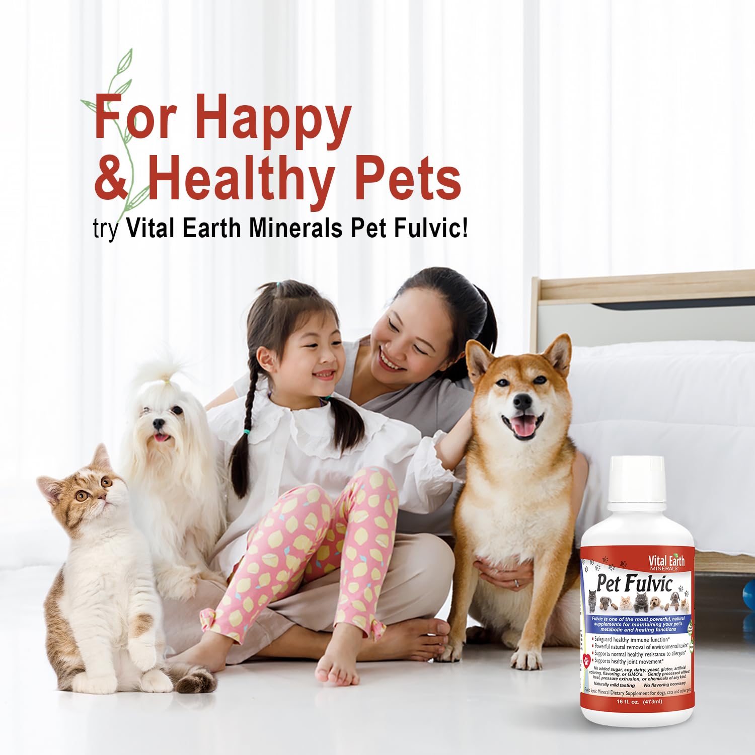 Vital Earth Minerals Pet Fulvic – utilisation polyvalente pour animaux de compagnie et d'élevage.