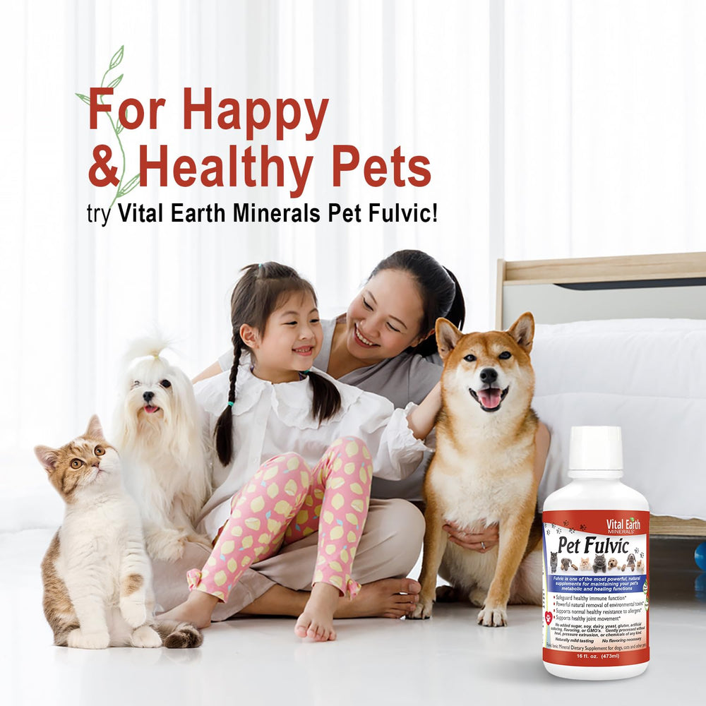 Vital Earth Minerals Pet Fulvic – utilisation polyvalente pour animaux de compagnie et d'élevage.