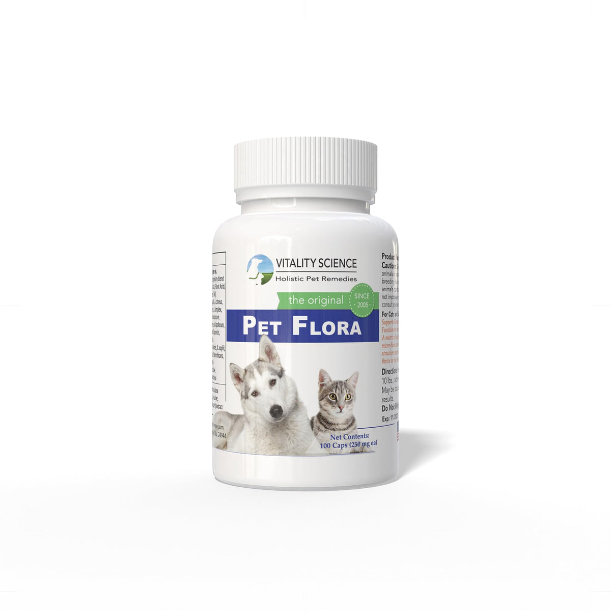 Vitality Science Pet Flora montre une bouteille et une dose faciles pour le soutien digestif