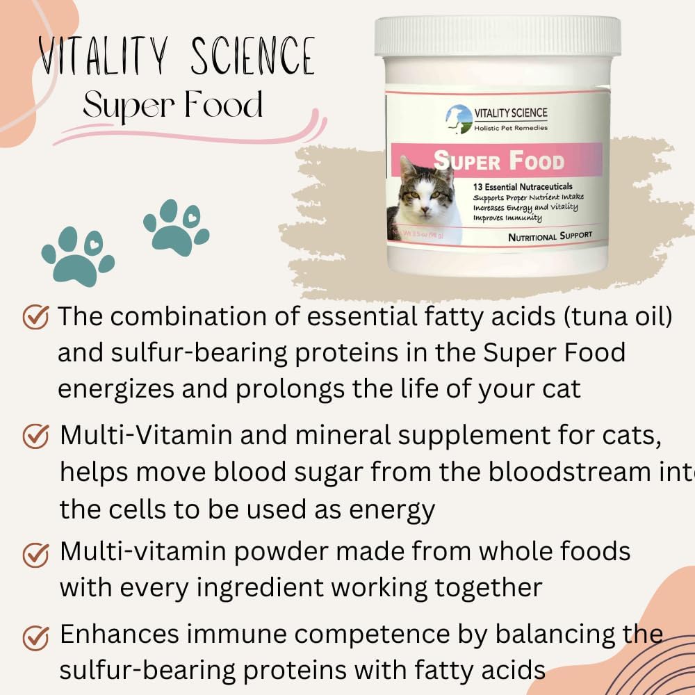 Vitality Science Super Food pour chats – bouteille-dosage pratique pour le dosage quotidien.