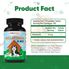 Vitamatic Mélatonine pour chien — emballage 120 comprimés au goût boeuf, pratique pour long terme.