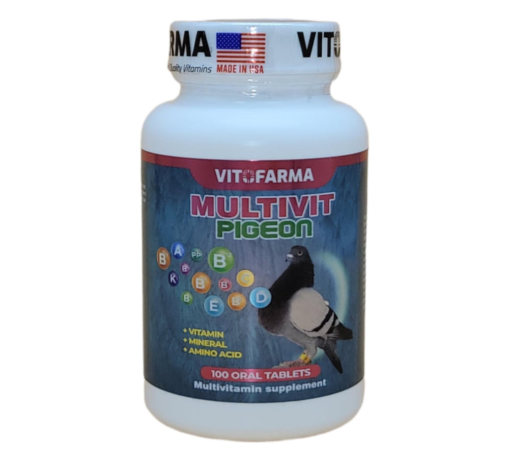 Étiquette produit Vitofarma Multivit Pigeon, comprimés nutritifs.