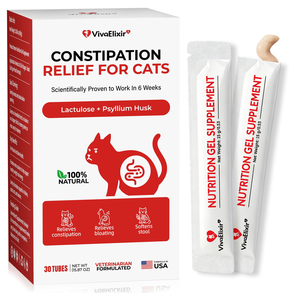 VivaElixir emballage émollient doux pour chat, prêt à l’emploi et sans effort.
