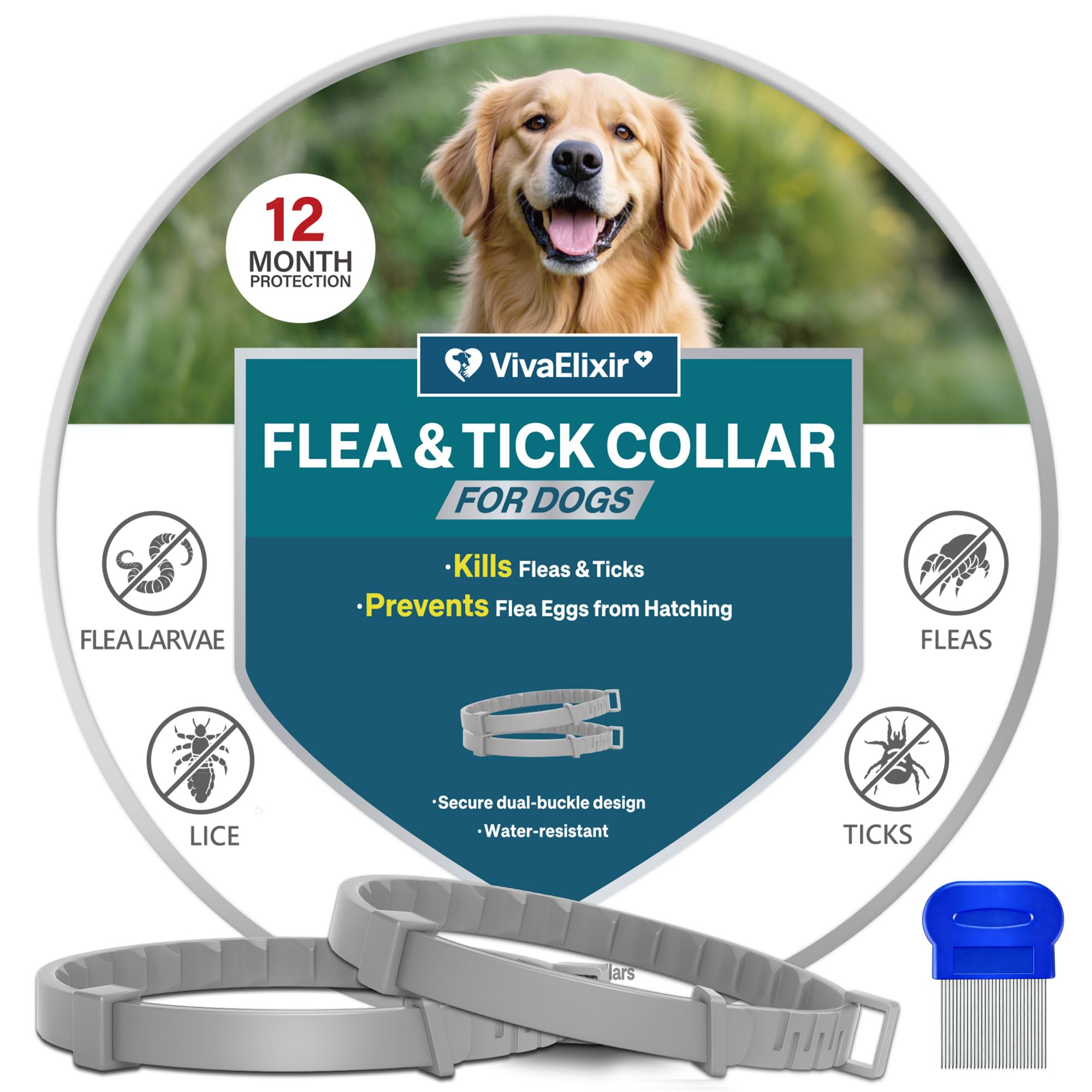Collier VivaElixir anti-puces pour chien offrant protection longue durée.