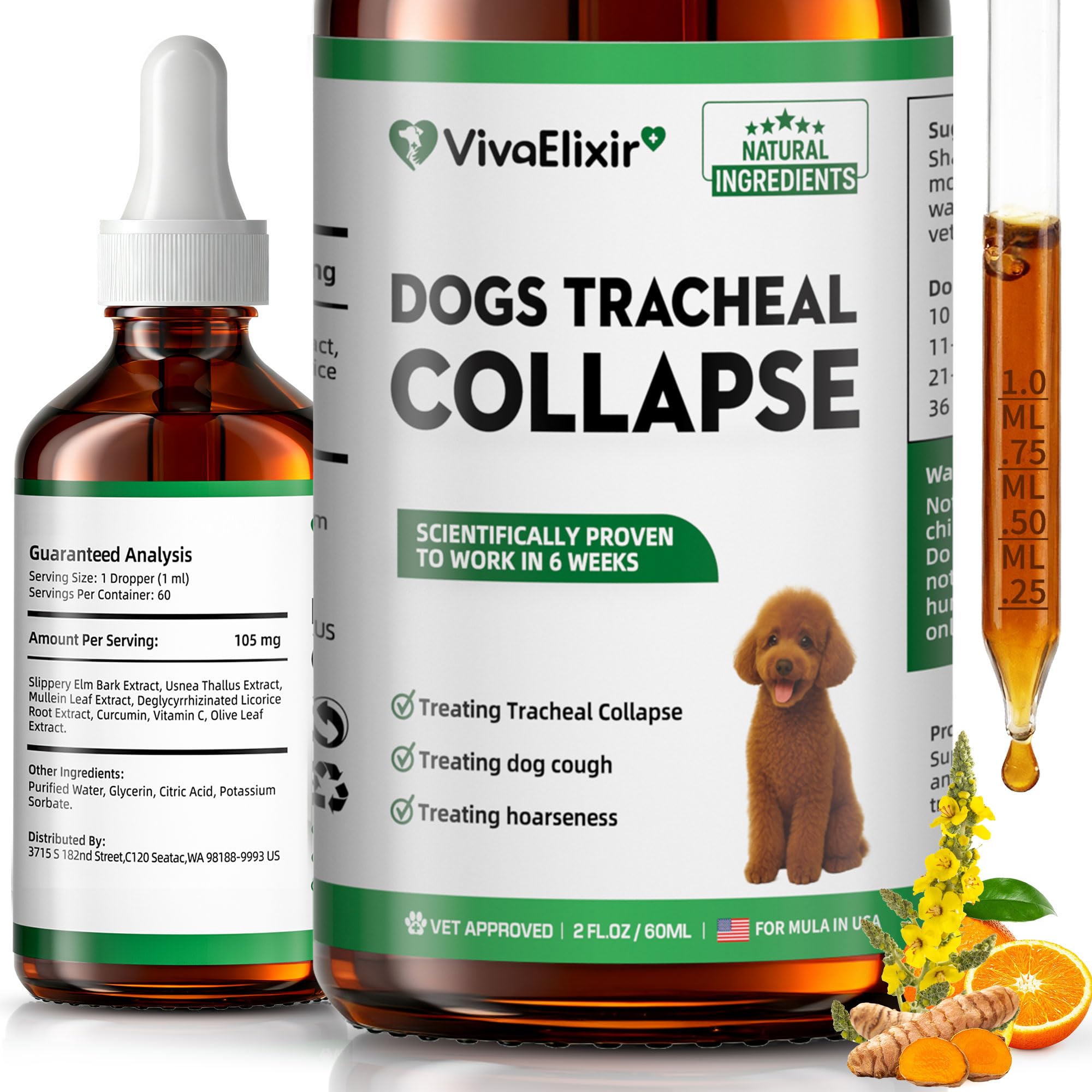 Gouttes VivaElixir Orme Glissant: apaisent la gorge et soutiennent la respiration du chien.