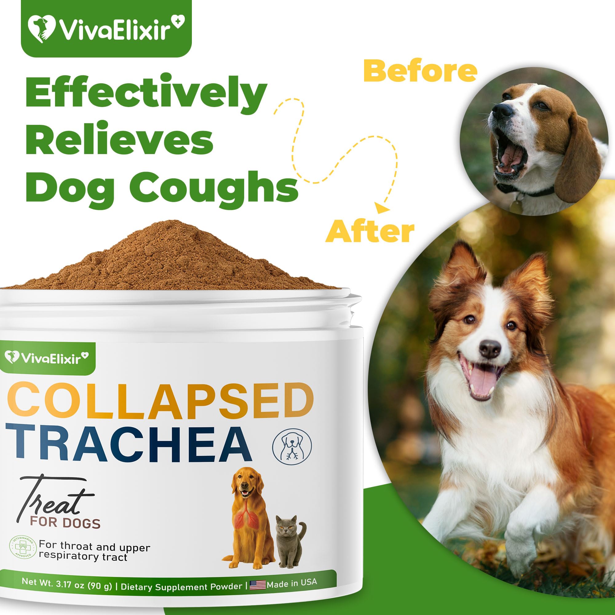 Étiquette VivaElixir Poudre Toux chien – composition naturelle et sans additifs artificiels.