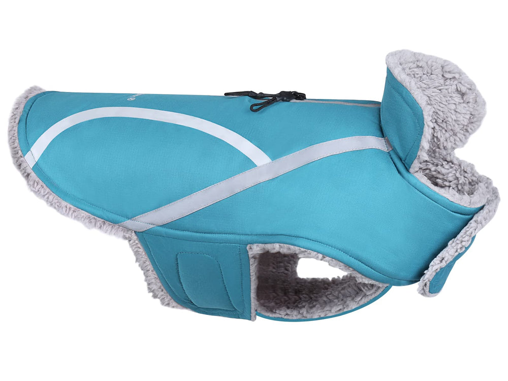 Manteau Frostfit VIVAGLORY pour chien en turquoise, chaud et imperméable pour l'hiver.