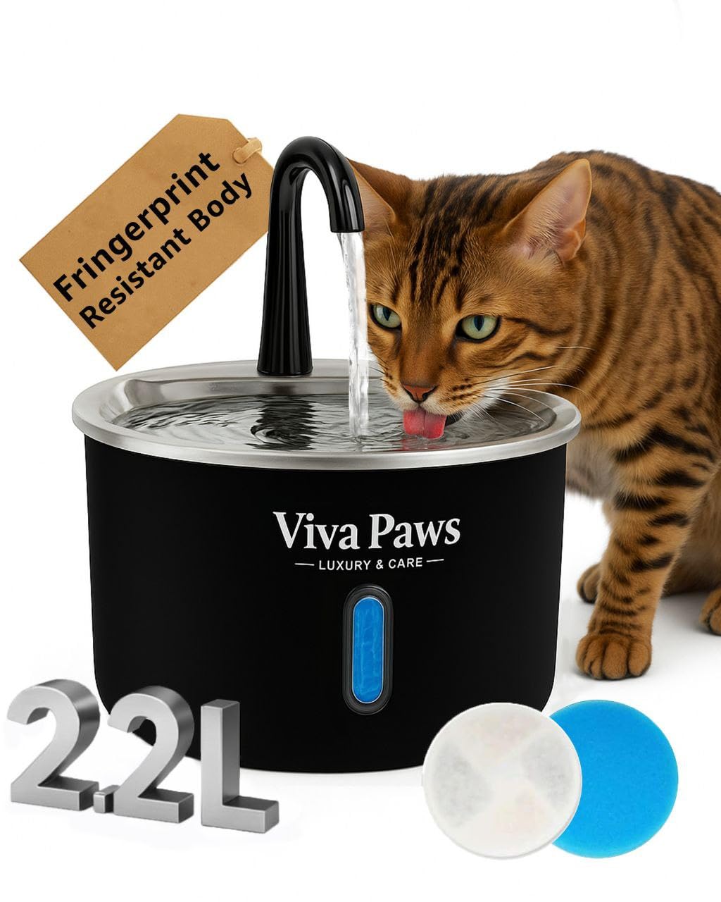 VIVA PAWS fontaine inox 2,2 L pour chats: durabilité et eau fraîche.