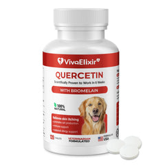 VivaElixir Quercétine et Bromélaïne — flacon-tablettes pour chien, soutien potentiel des peaux sensibles.