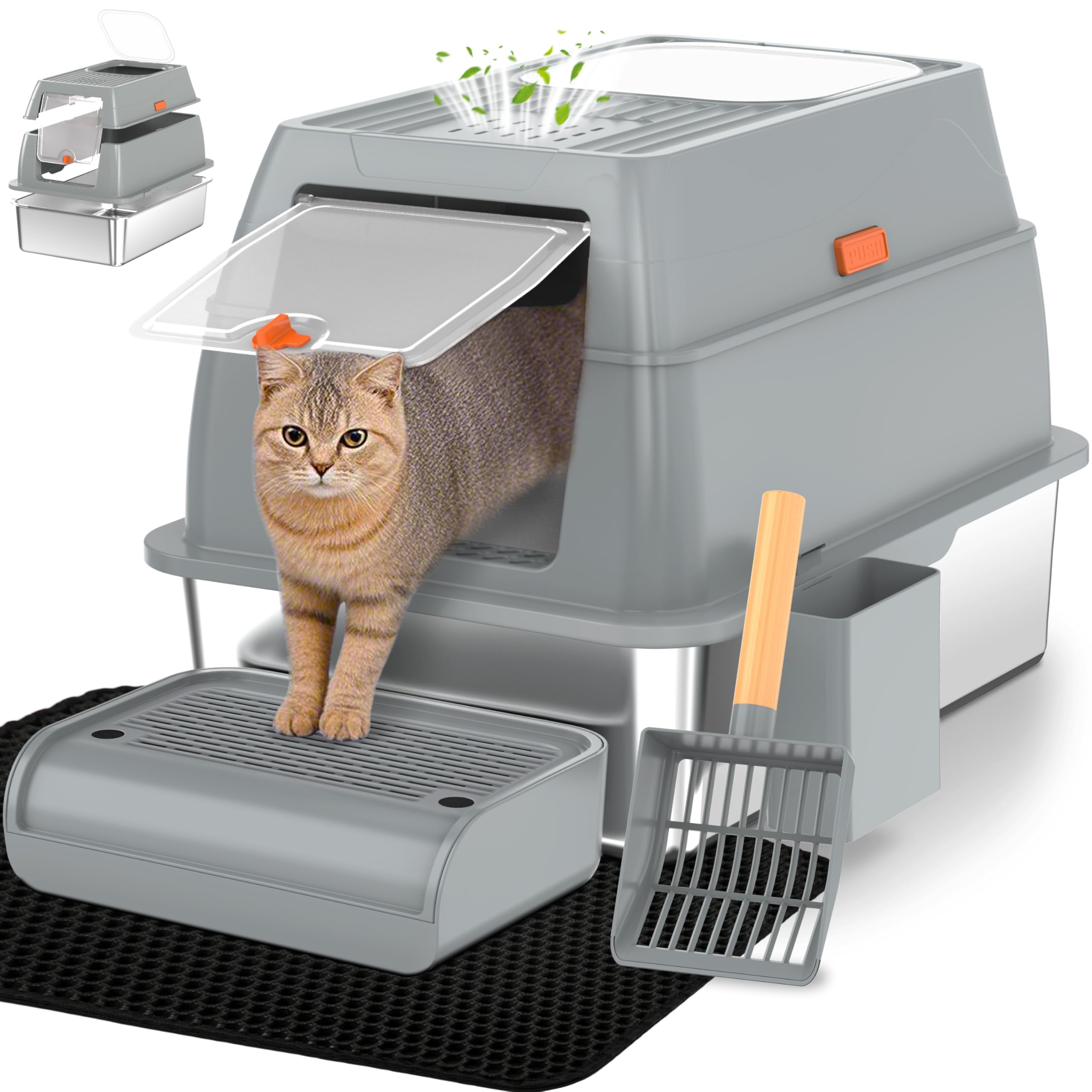 Vivifying bac-litiere acier XXL, vue avant avec couvercle ferme, espace confortable pour le chat