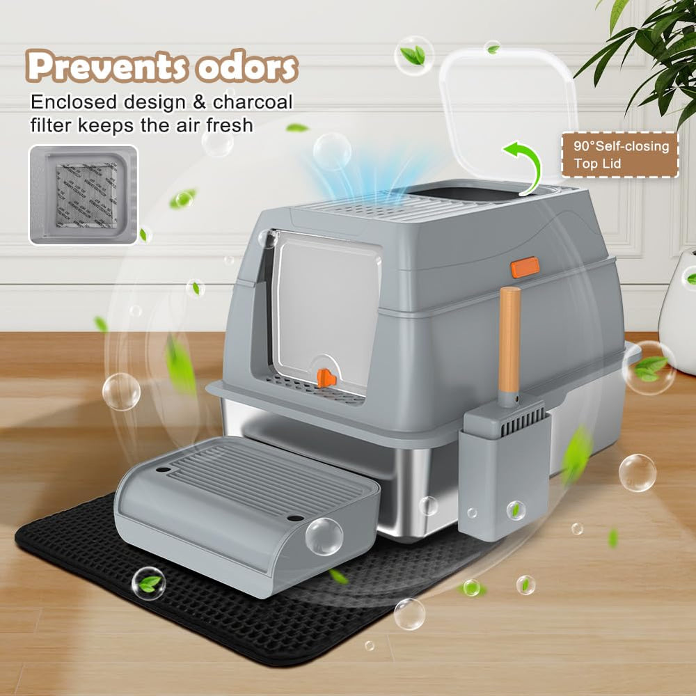 Vivifying bac-litiere acier XXL, couvercle a 90 deg et filtre charbon pour odeurs