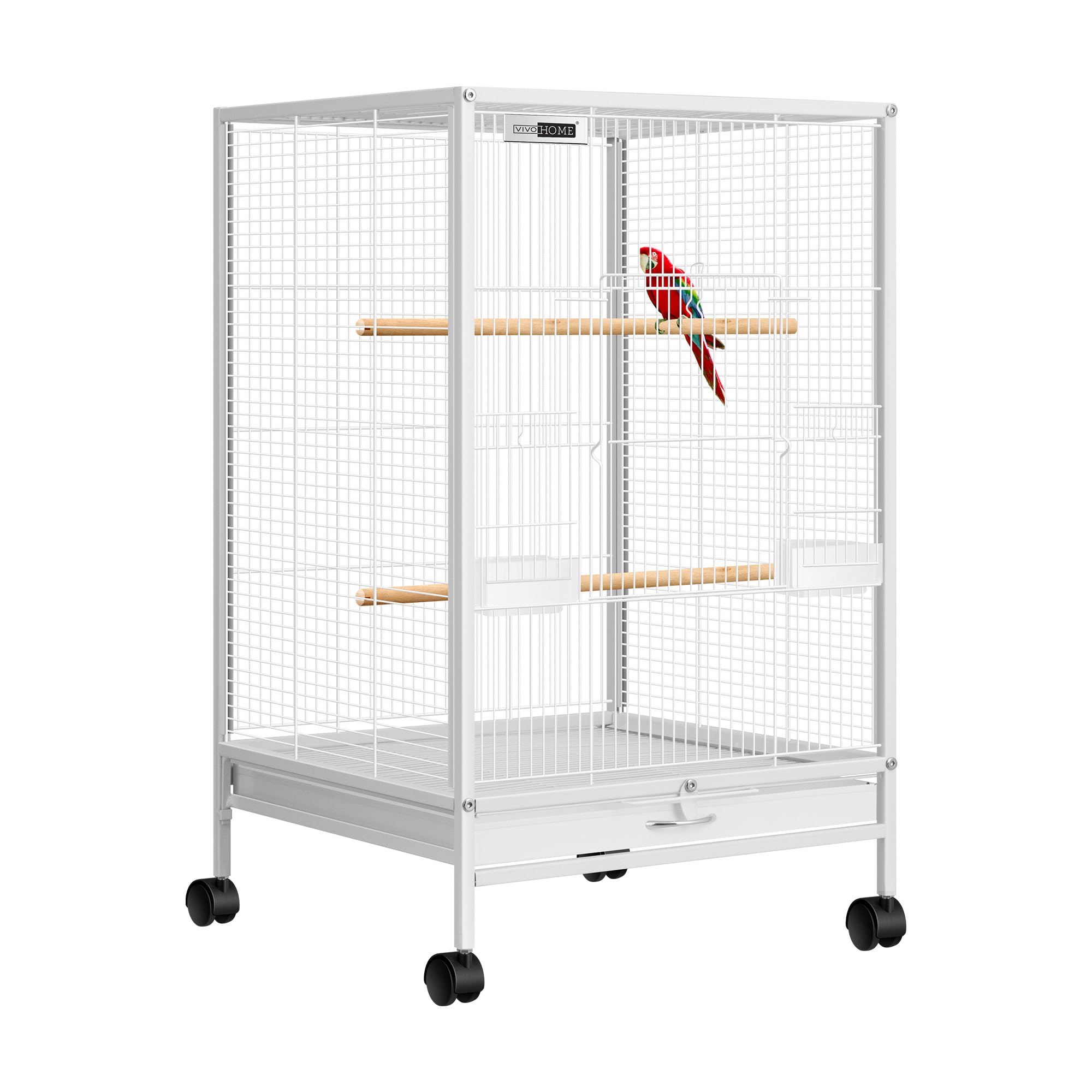 Cage VIVOHOME en fer blanc avec support roulant, mobilité facilitée pour repositionner l’espace.
