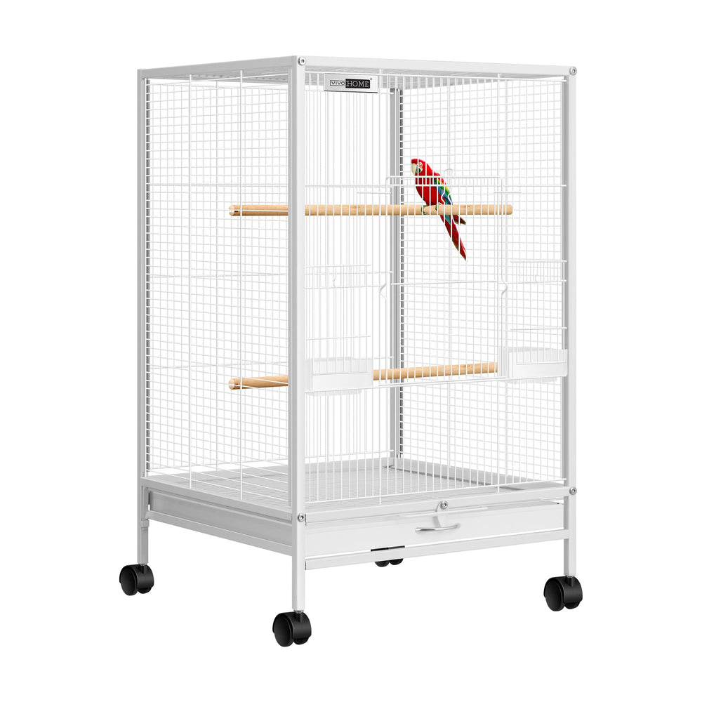 Cage VIVOHOME en fer blanc avec support roulant, mobilité facilitée pour repositionner l’espace.