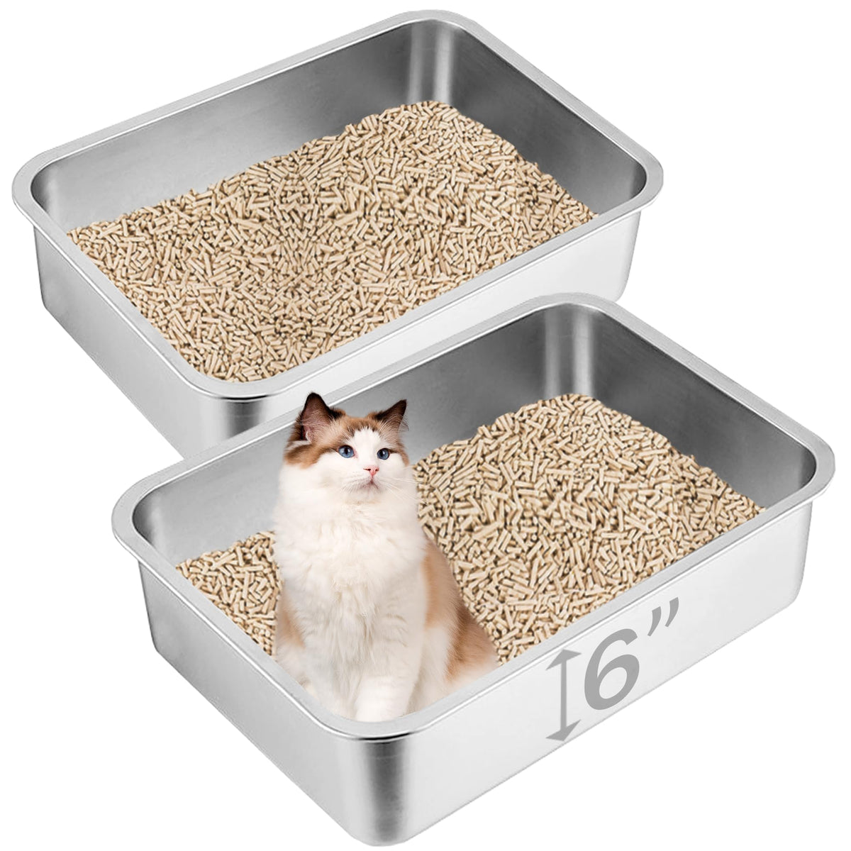 Volope boîte-litière en acier inoxydable ensemble pour deux chats, durable et pratique.
