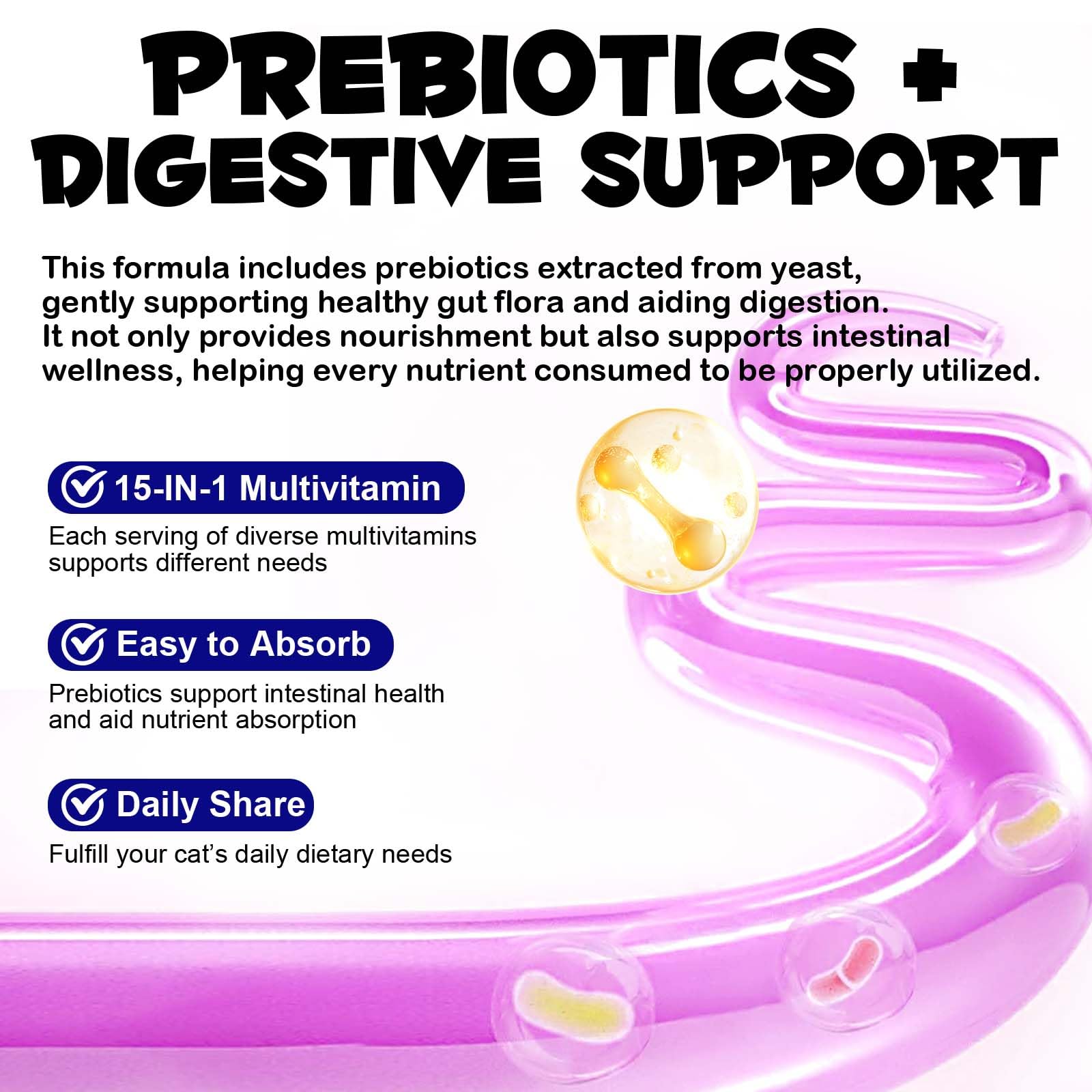 Emballage pratique montrant une cure de 30 jours de VOSIFSDIY Cat vitamines 15 en 1.