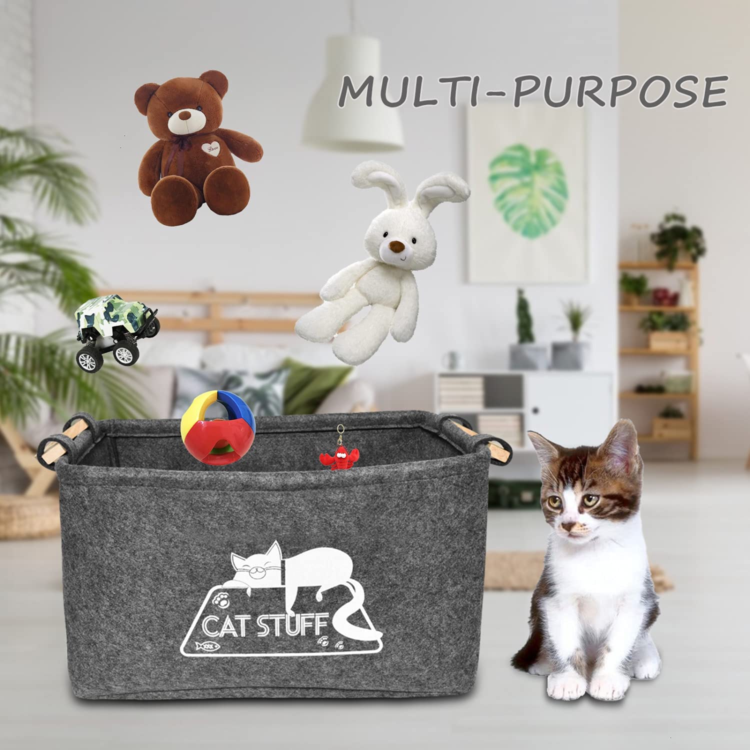 Boîte jouets chat en feutre gris Vumdua, matière douce et durable.