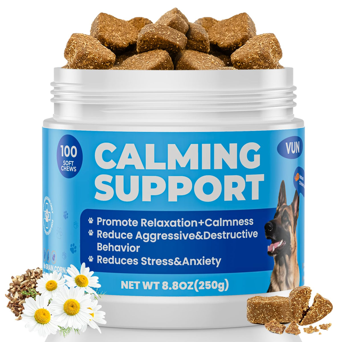 Friandises calmantes VUN pour chiens, flacon visible et apaisement après voyage.