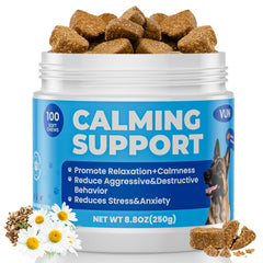 Friandises calmantes VUN pour chiens, flacon visible et apaisement après voyage.