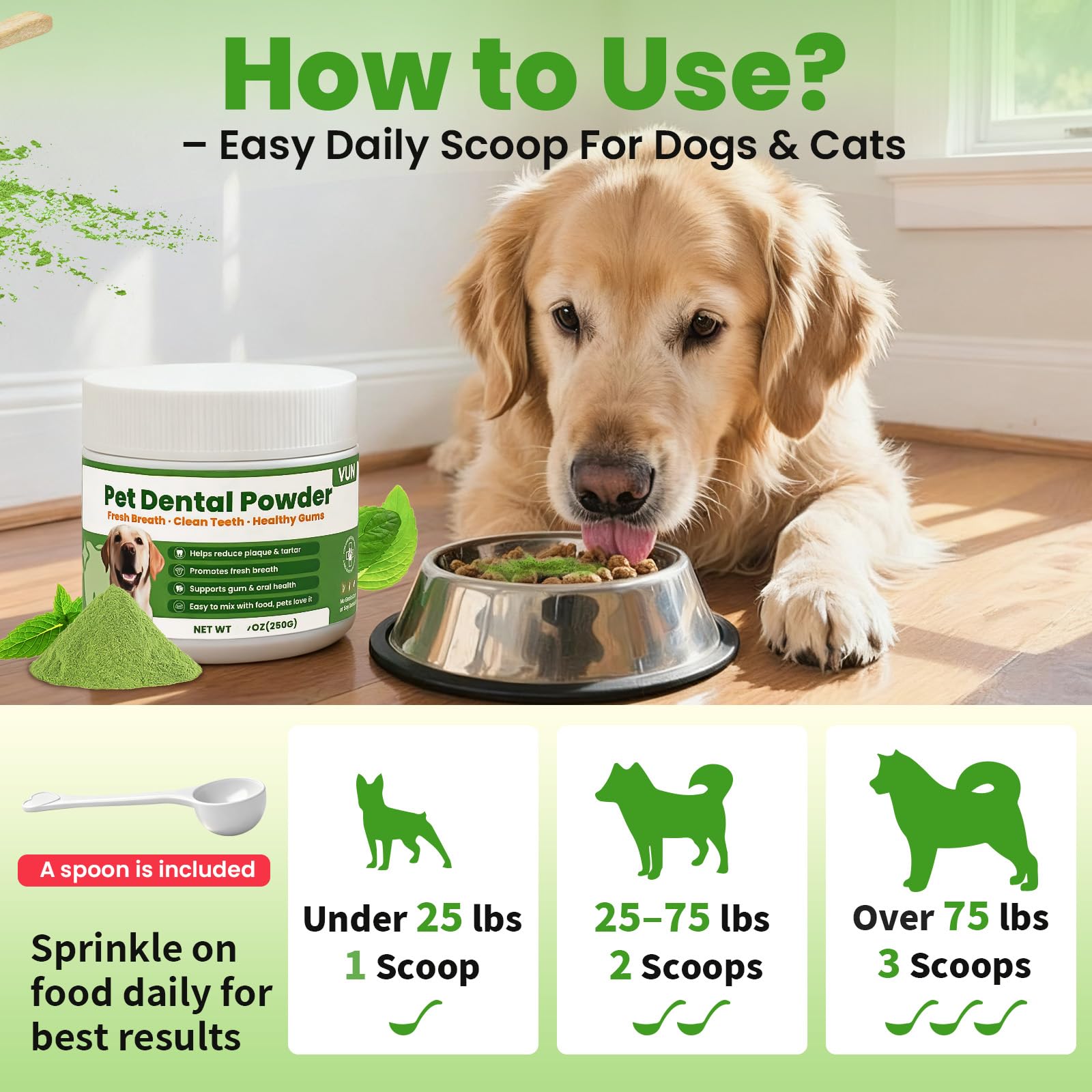 VUN Dog Powder adapté chiots et chiens seniors, routine dentaire durable.