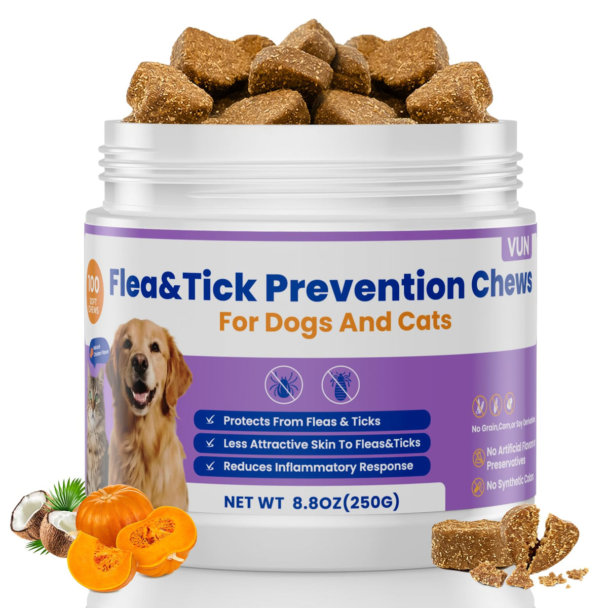 Gommes VUN pour chien – boîte et étiquette, usage quotidien facilité.