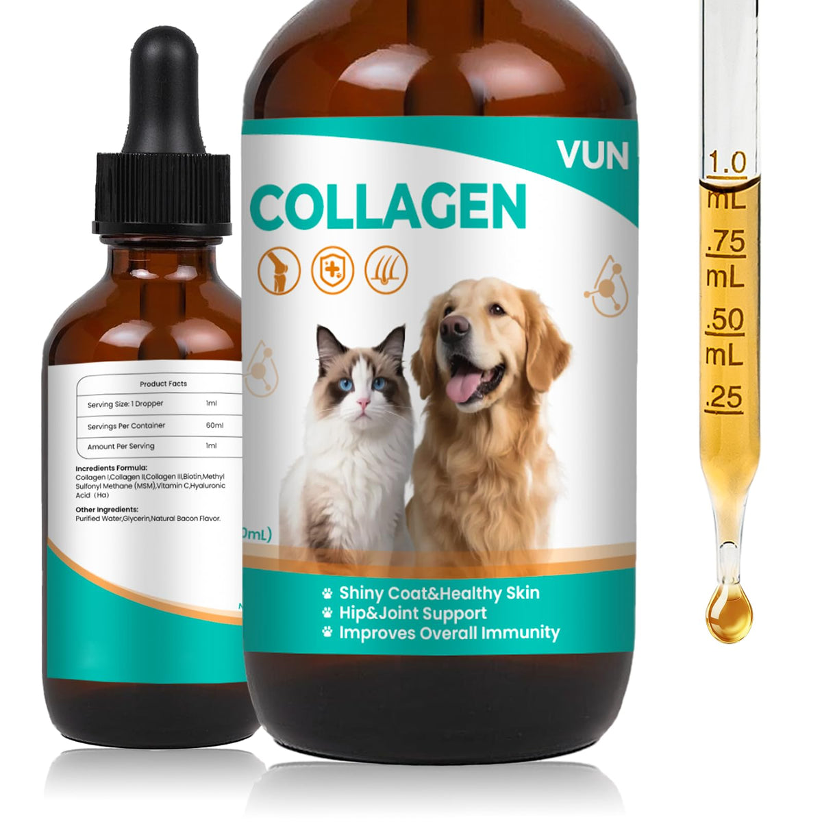 VUN gouttes collagène bouteille, facile à doser pour chiens et chats.