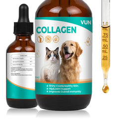 VUN gouttes collagène bouteille, facile à doser pour chiens et chats.