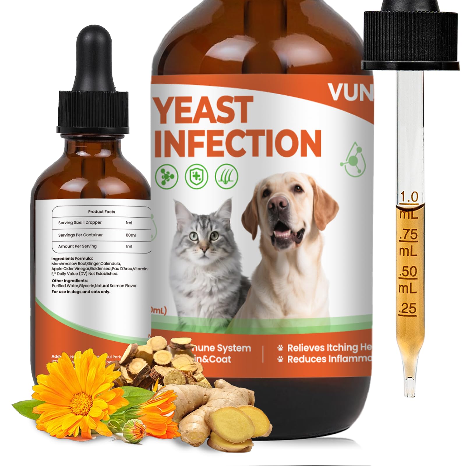 Bouteille de gouttes VUN au saumon pour chiens et chats, administration facile.