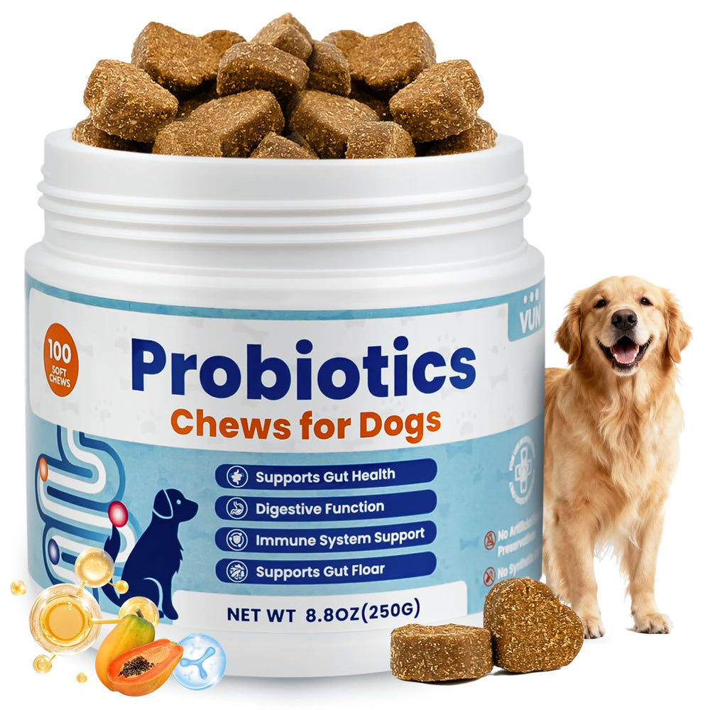 VUN Probiotiques pour chiens, flacon pratique pour administration facile.