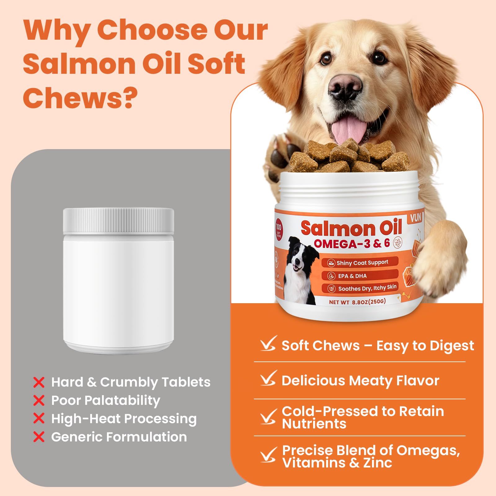 Recommandé par le vétérinaire, complément saumon pour chien VUN.