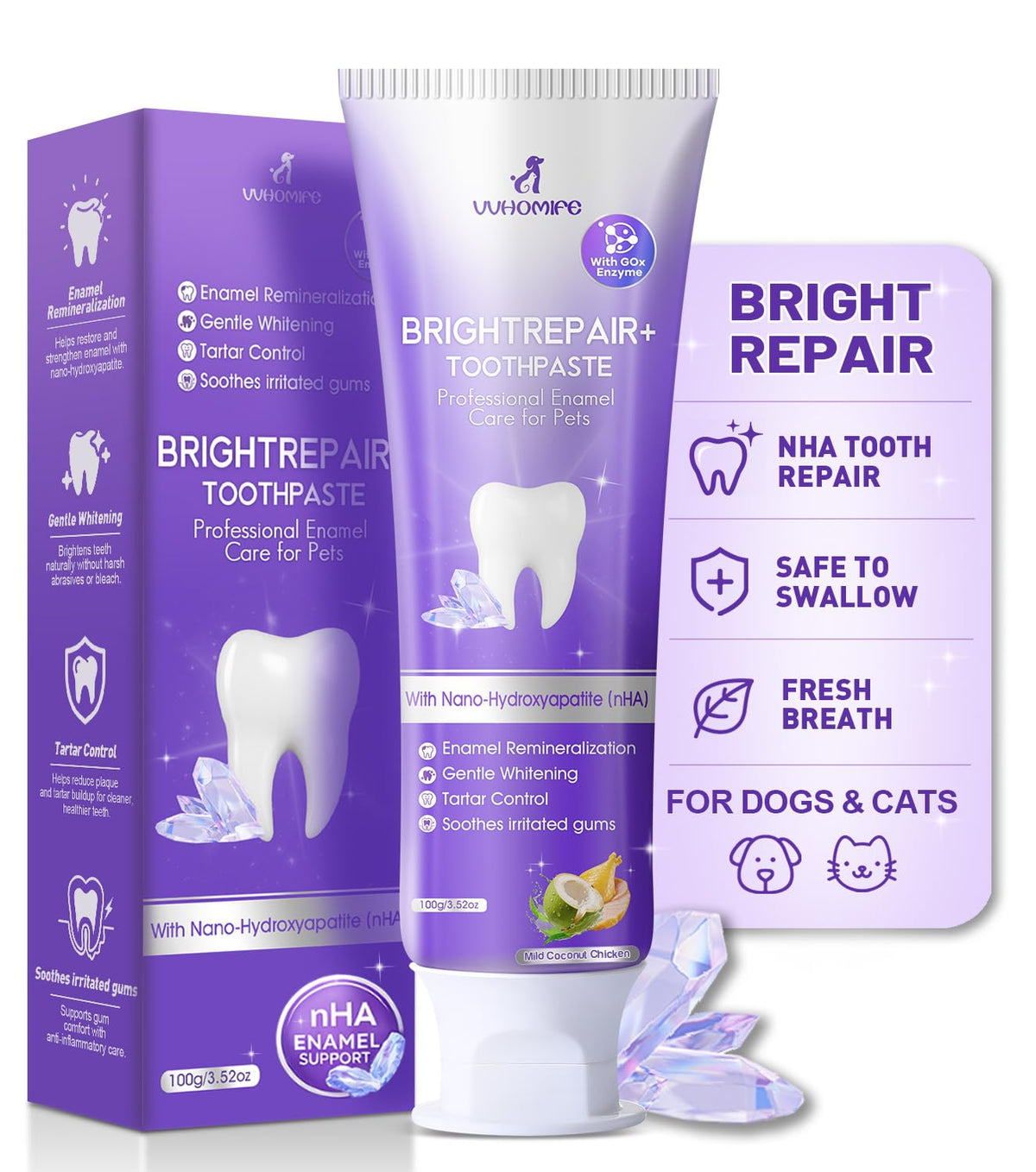 VVHOMIFE dentifrice nHA 6% pour chiens et chats – tube facile à utiliser.